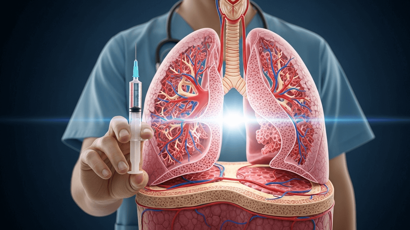 Illustration of lung receiving vaccine injection, symbolizing lung cancer vaccine trials