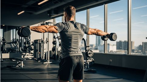 Focused man in gym doing rear delt raises for men's fitness