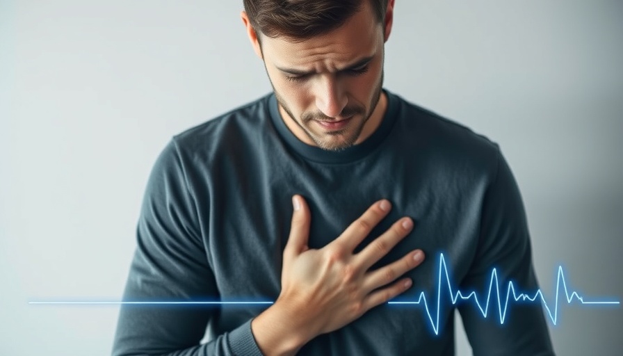 Young man showing heart failure warning signs, clutching chest with heart monitor line.