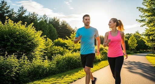 2 people walking outdoors on a sunny day