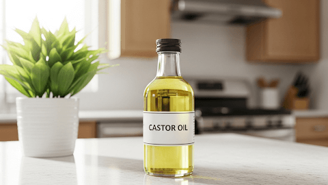 Castor oil bottle on a kitchen counter