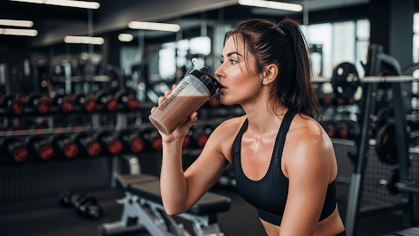 Woman in Post work out at gym drinking protein