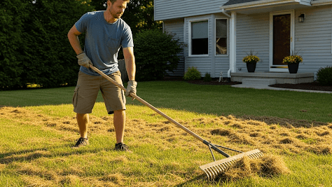 Manual rake dethatching a lawn, showing process of how to dethatch a lawn.