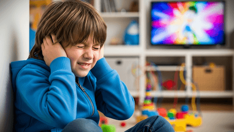 Young boy experiencing sensory sensitivities in autism, covering ears.