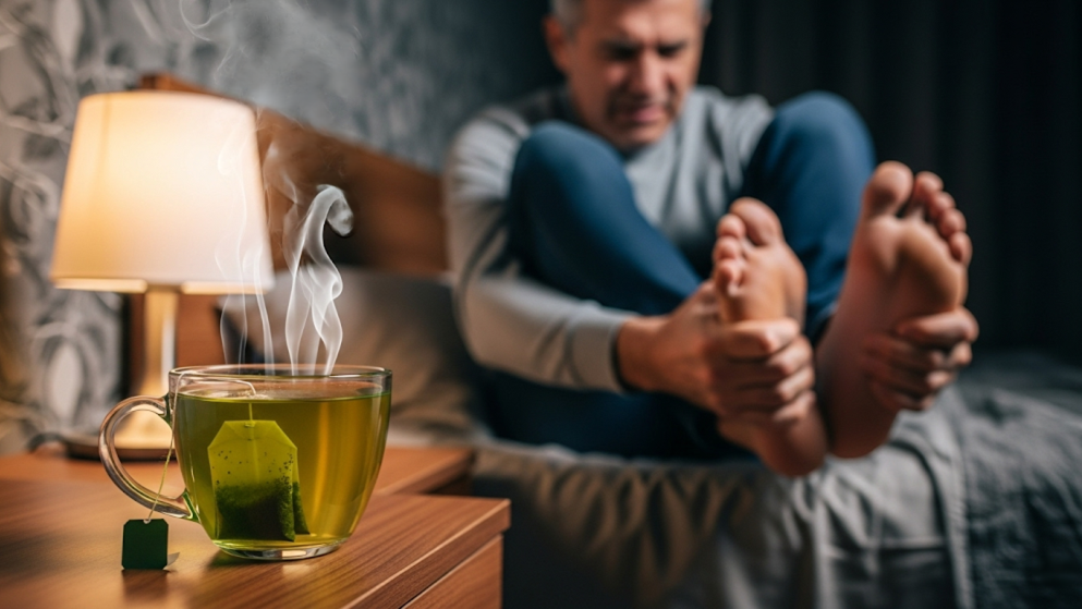 Cup of Herbal tea on light stand with man rubbing feet