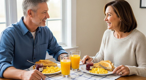 Man and woman eating eggs for breakfast.