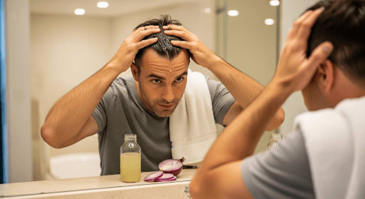 Onion juice for hair growth treatment on healthy hair.