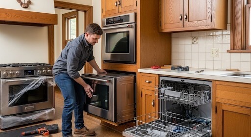 Technician installing new kitchen appliances in old home.