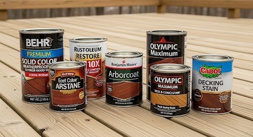 Assorted best deck paints displayed on a deck.