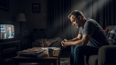 Man experiencing mental health stigma, sitting pensively on a couch.