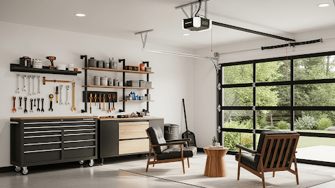 Modern garage with chairs and best garage door opener.