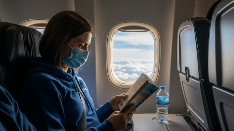 Travel-Related Illnesses: Woman wearing a mask on a plane.