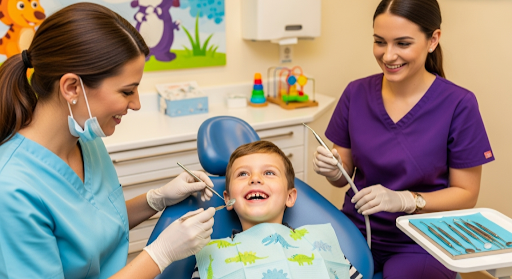 Smiling child during dental check-up to keep your dental health in shape.