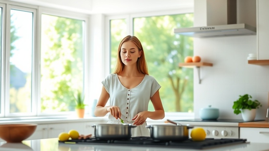 Peaceful young woman practicing mindful eating in a bright, airy kitchen.