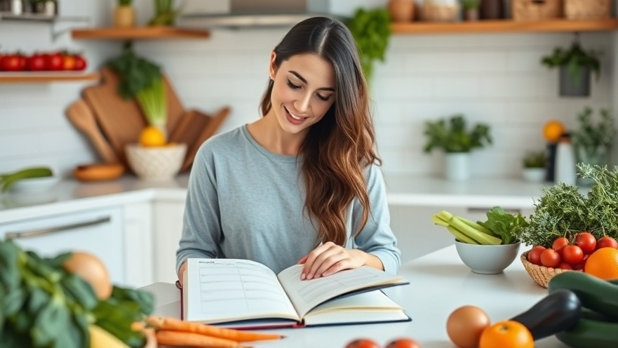 A woman engages in meal planning in a modern kitchen, focusing on nutrition and healthy living.