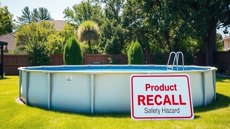 Above-ground pool with a product recall sign, highlighting pool safety and summer precautions.
