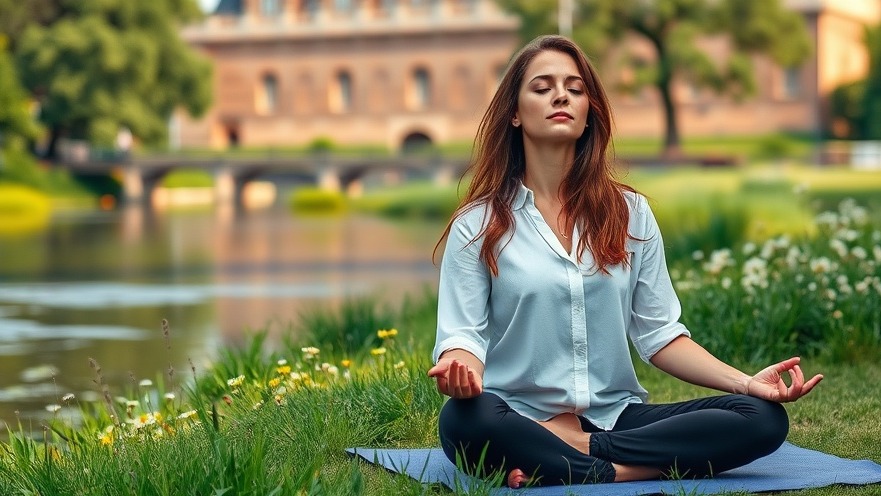 Calm woman meditating for emotional health by a riverside in a lush green meadow.