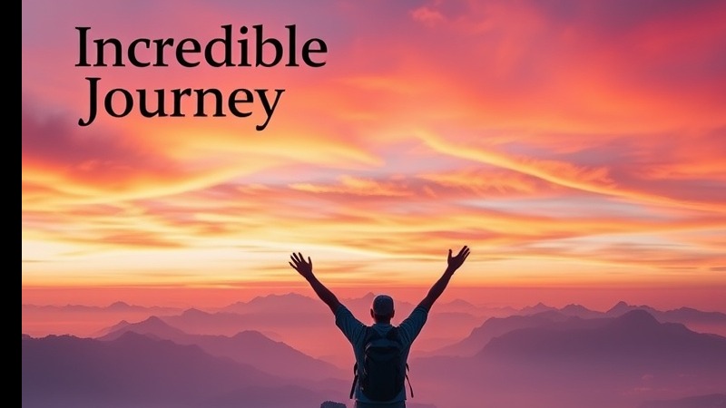 Incredible Journey: Hiker celebrating at sunrise in vibrant mountain landscape.