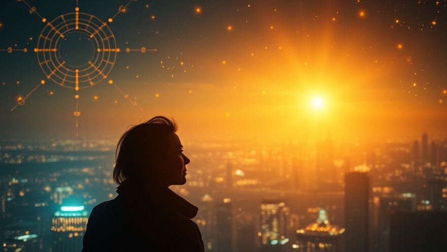 Contemplative figure over futuristic cityscape symbolizing AI Ethics and Prophetic Insights.