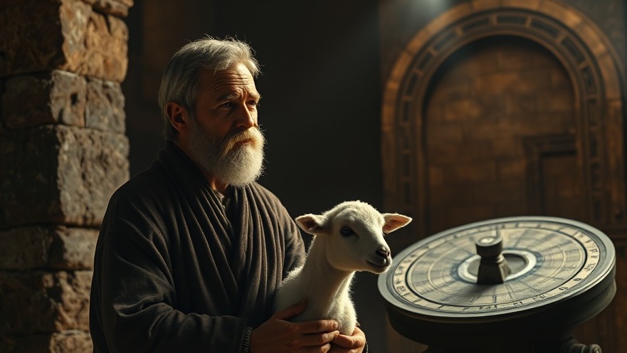 Thoughtful man and lamb in a biblical calendar scene with ancient symbolism.