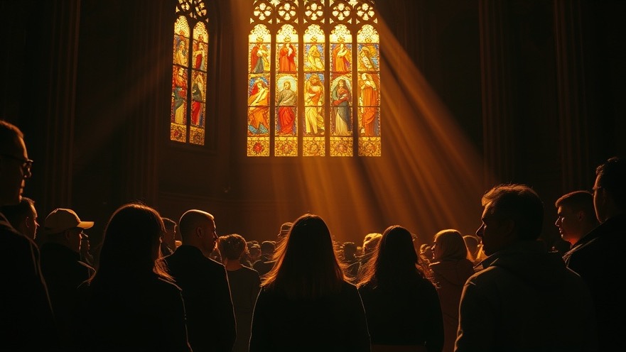 Diverse seekers in spiritual awakening at the Red Church, illuminated by stained glass.