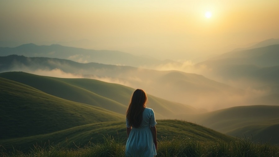 Young woman at dawn overlooking a mystical valley, embodying Rick Renner's prophetic voices.