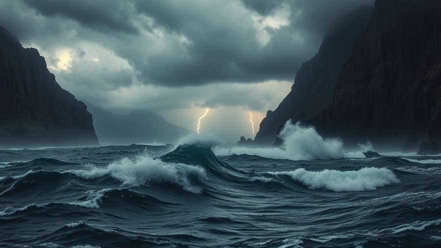 A stormy sea at rocky mountains symbolizes spiritual awakening and global unrest.