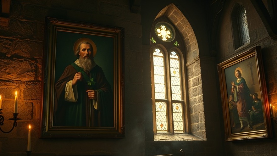 Aged portrait of Saint Patrick in a cathedral, embodying faith-driven conservatives and spiritual warfare.