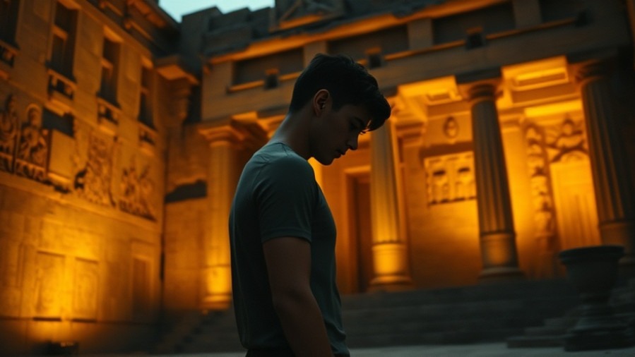A young man embodies spiritual health at an ancient temple, radiating divine purpose.