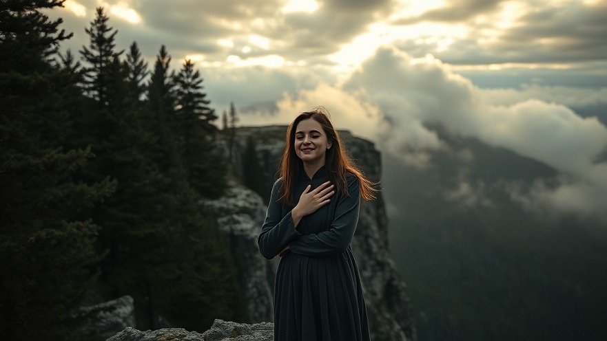 Young woman in spiritual practices, silhouetted by dramatic clouds and golden sunlight.