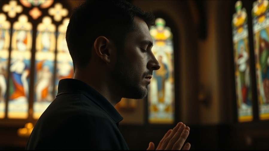James Goll in prayer, surrounded by stained glass in a church, embodying gratitude in faith.