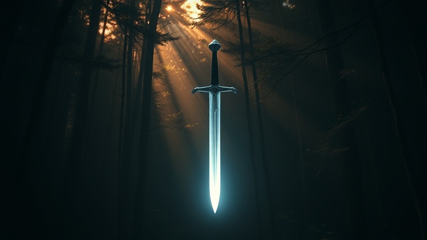 Glowing silver sword in dark forest, symbolizing personal breakthroughs and the power of prayer.