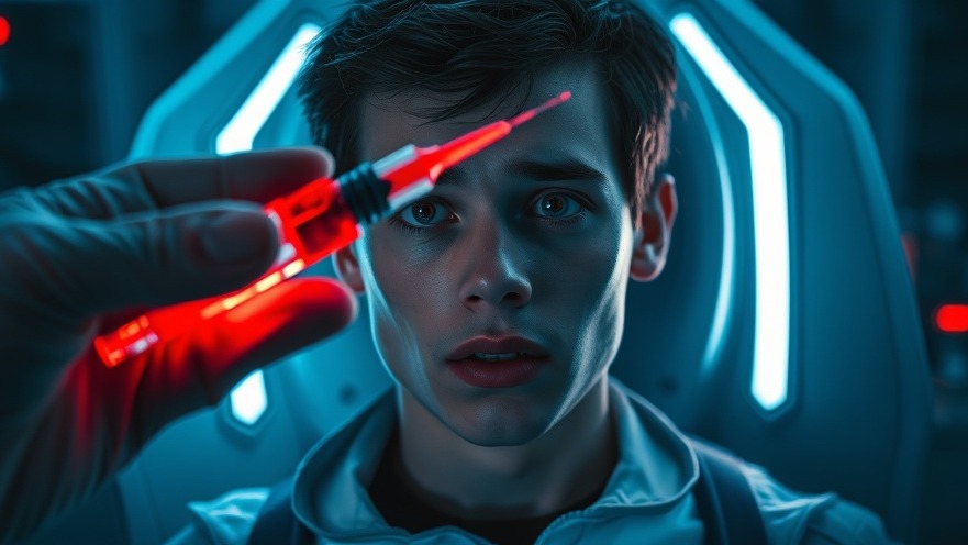 Young adult in high-tech lab chair, fear evident, amidst divine healing tension.