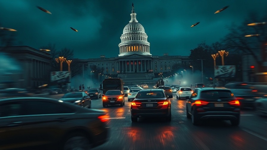 Dramatic scene with US Capitol, military vehicles; prophetic insights on technological tyranny.