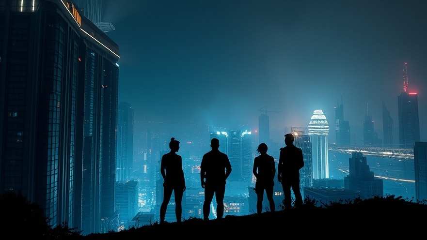 A group unites in faith, overlooking a glowing futuristic city, evoking grace change.
