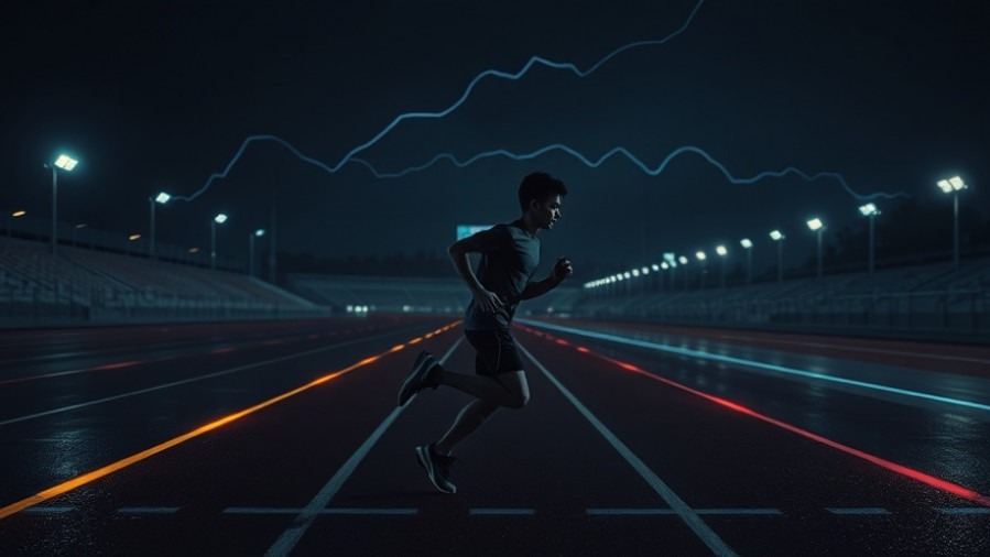 A determined young runner on a neon-lit racetrack at night, embodying faith-driven Christians' spirit.