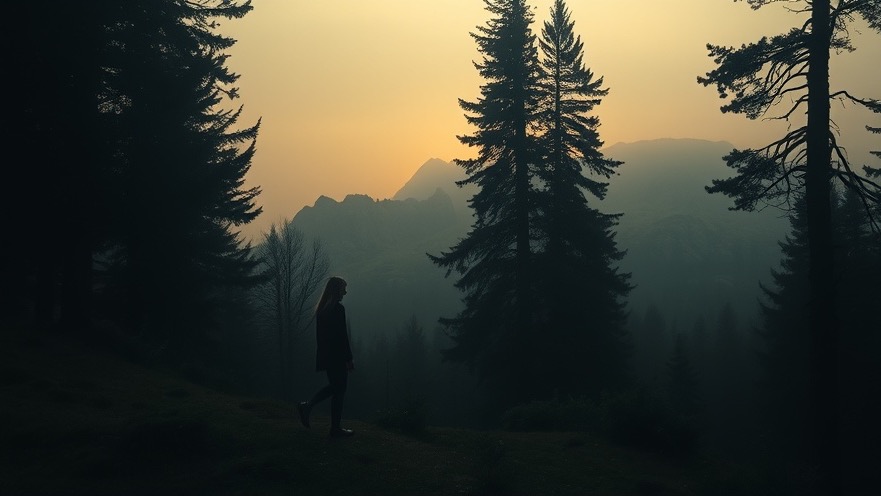 A young woman steps from a dark forest into dawn's light, symbolizing transformation and prayer.