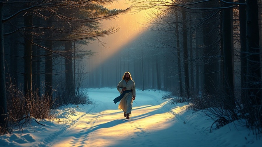Jesus running on a snowy path symbolizes the power of prayer and spiritual revival.