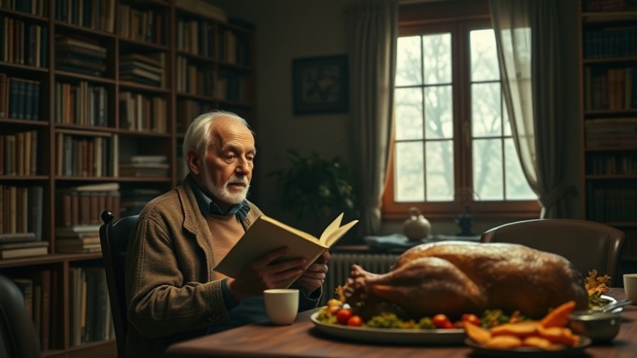 An older man reads Thanksgiving blessings in a warm, book-lined room.