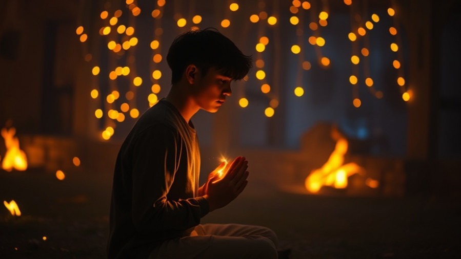 A young man kneeling in prayer, glowing warmth and fairy lights symbolize emotional healing.