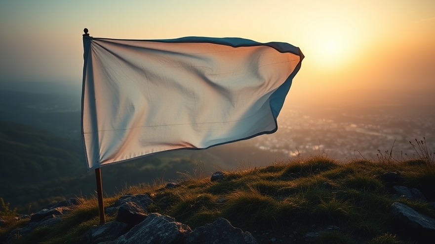 The power of prayer depicted in a serene dawn scene with a white flag waving.