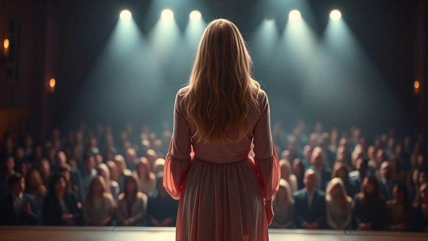 A confident young woman in a pink dress speaks to an audience, embodying pastoral struggles and church community support.