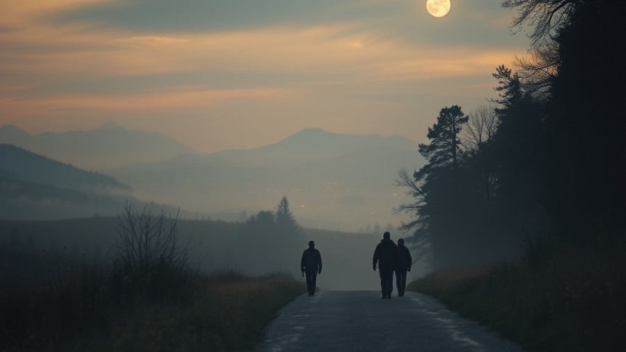 Travelers embark on a journey through misty hills, embodying The Power Of Prayer.