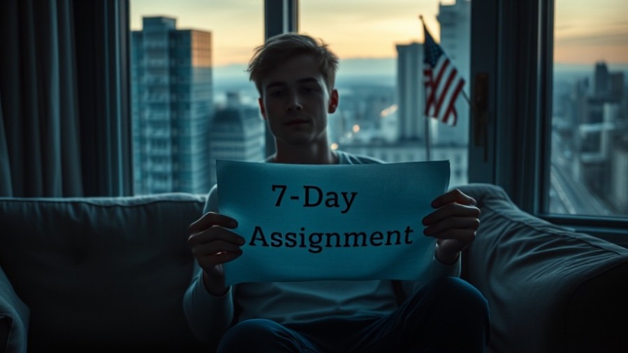 Young man in dim apartment holds glowing '7-Day Assignment' paper, evoking prophetic word and radical praise.