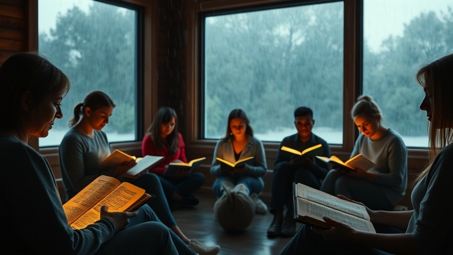 Spirit-filled Christians in a modern farmhouse, engaged in prayer amid a storm.