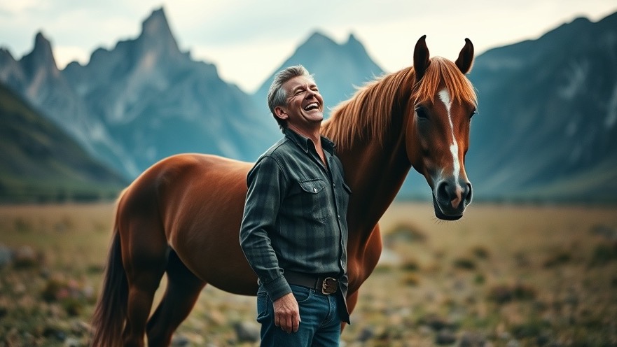 A joyful man laughs with his horse in a serene field, embodying perseverance and community support.