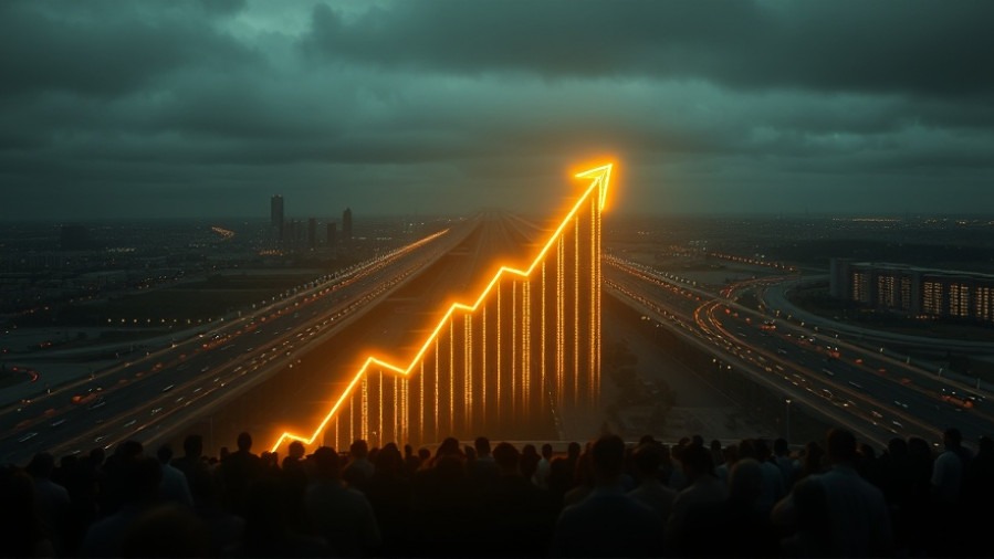 Cinematic cityscape at night symbolizing economic collapse, with a glowing stock arrow and awed crowd.