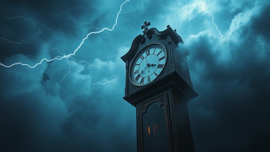 Stormy scene with old clock symbolizing end times and spiritual readiness.