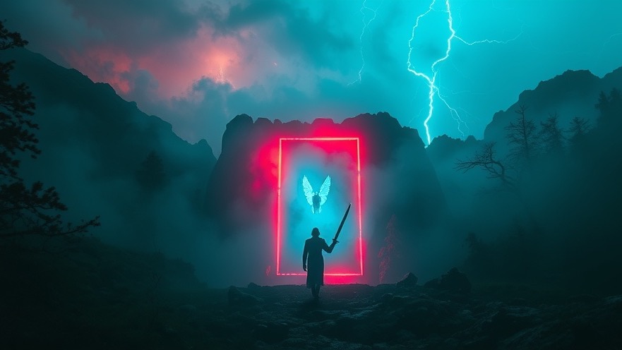 Cinematic scene of spiritual warfare featuring a glowing portal and mysterious being.