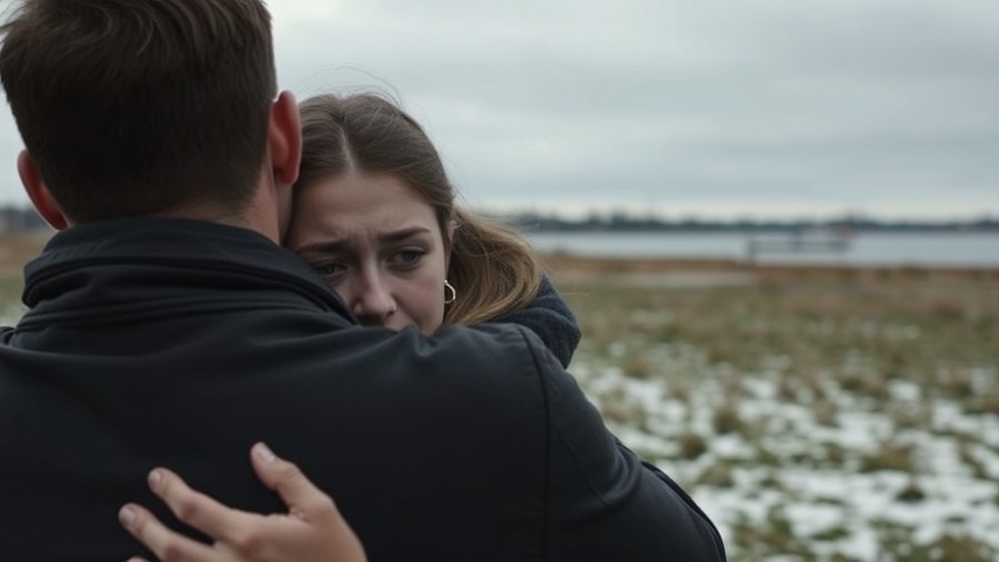 A young woman embraces a man in a cold field, reflecting sorrow and compassion, embodying spiritual warfare themes.